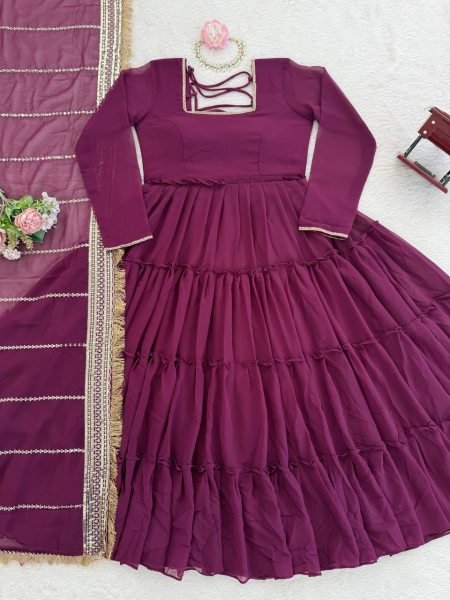 Bold Wine Ruffle Georgette  Anarkali with Sequence Dupatta  Perfect for Functional Wear Georgette Kurti 