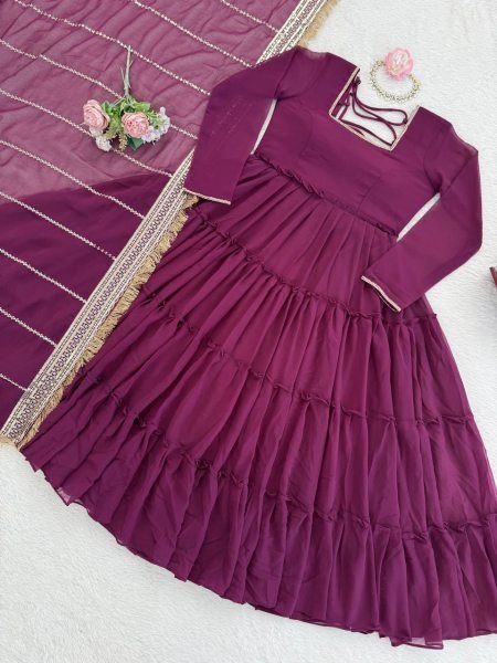 Bold Wine Ruffle Georgette  Anarkali with Sequence Dupatta  Perfect for Functional Wear Georgette Kurti 