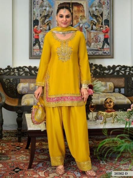 Bold Yellow Designer Chinon Beads Embroidery Suit with Pure Viscose Dupatta Salwar Kameez