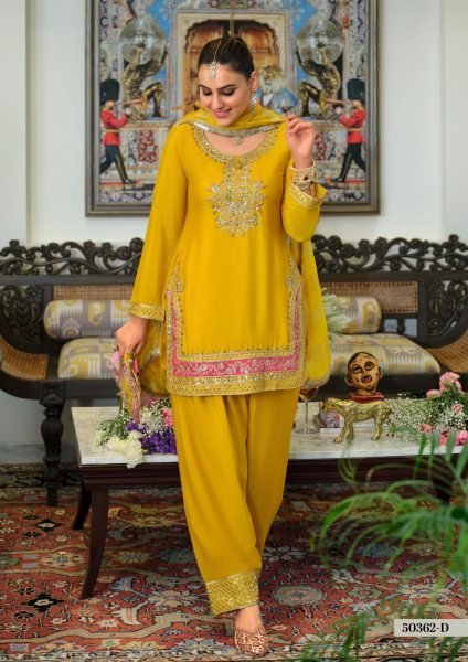 Bold Yellow Designer Chinon Beads Embroidery Suit with Pure Viscose Dupatta Churidar Salwar Suits Wholesale