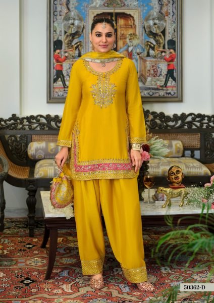 Bold Yellow Designer Chinon Beads Embroidery Suit with Pure Viscose Dupatta Churidar Salwar Suits Wholesale
