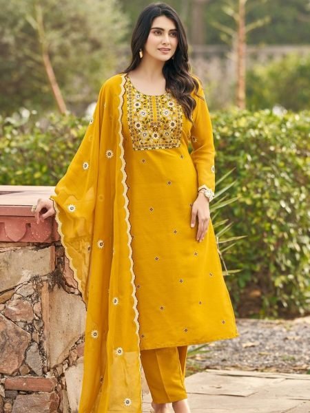 Bold Yellow Designer Heavy Rayon Suit Set with Embroidered Chiffon Dupatta For Office Wear Kurtis