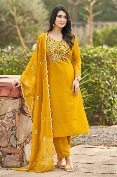 Bold Yellow Designer Heavy Rayon Suit Set with Embroidered Chiffon Dupatta For Office Wear Embroidery Kurtis 