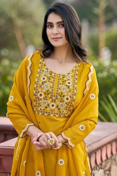 Bold Yellow Designer Heavy Rayon Suit Set with Embroidered Chiffon Dupatta For Office Wear Embroidery Kurtis 