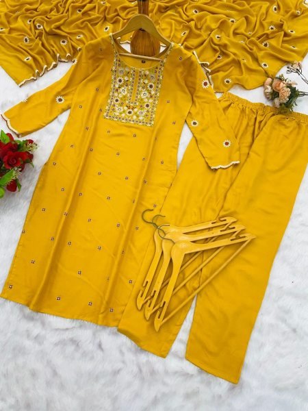Bold Yellow Designer Heavy Rayon Suit Set with Embroidered Chiffon Dupatta For Office Wear Embroidery Kurtis 