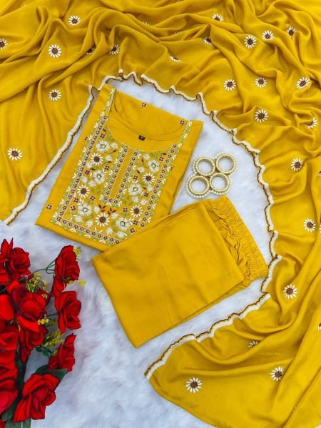 Bold Yellow Designer Heavy Rayon Suit Set with Embroidered Chiffon Dupatta For Office Wear Embroidery Kurtis 