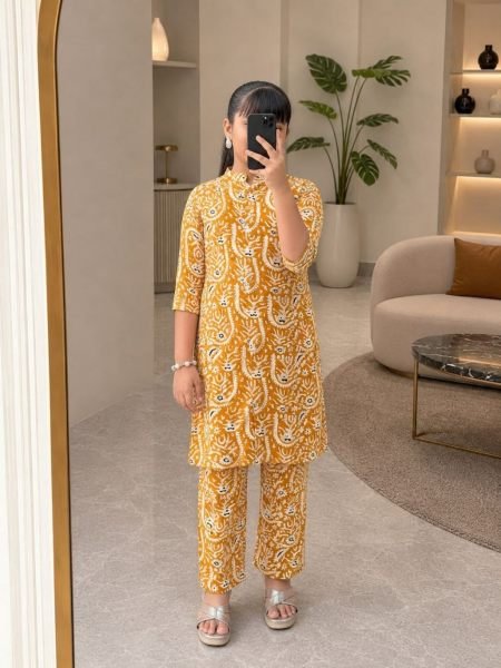 Bold Yellow Girls Floral Print Kurti Pant Set in Heavy Viscose For Festival Kurtis