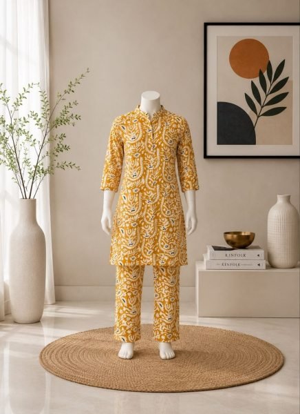 Bold Yellow Girls Floral Print Kurti Pant Set in Heavy Viscose For Festival Girls Wear