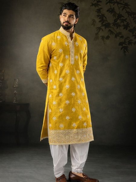 Bold Yellow Men's Traditional Kurta Pyjama Style Salwar Set for Festive Occasions Mens Wear