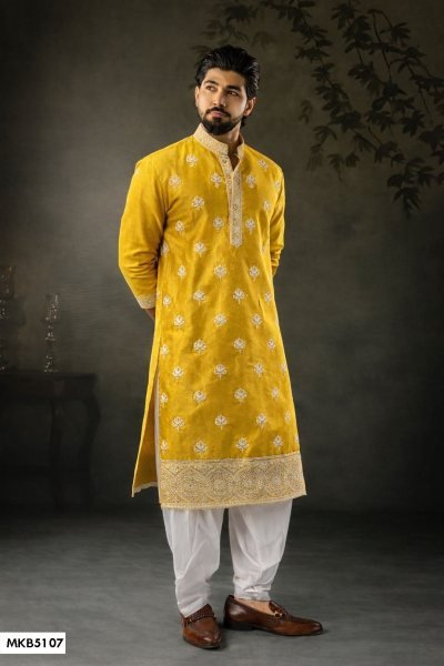 Bold Yellow Men's Traditional Kurta Pyjama Style Salwar Set for Festive Occasions Kurta Pajama Wholesale