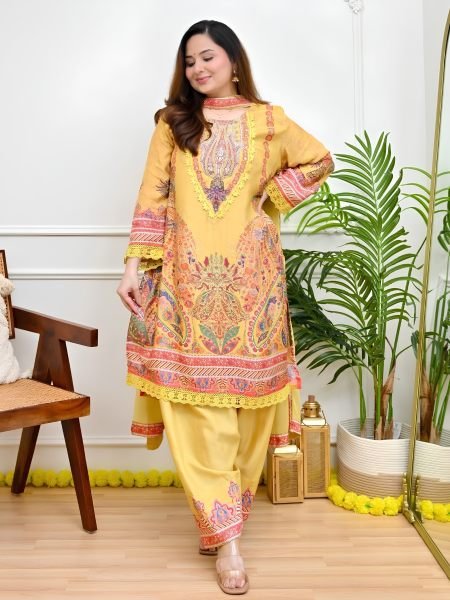 Bold Yellow Plus Size Maslin Kurti with Mirror and Thread Work at Manufacturer  