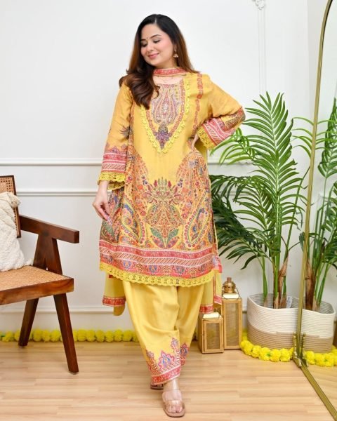 Bold Yellow Plus Size Maslin Kurti with Mirror and Thread Work at Manufacturer  Embroidery Kurtis 