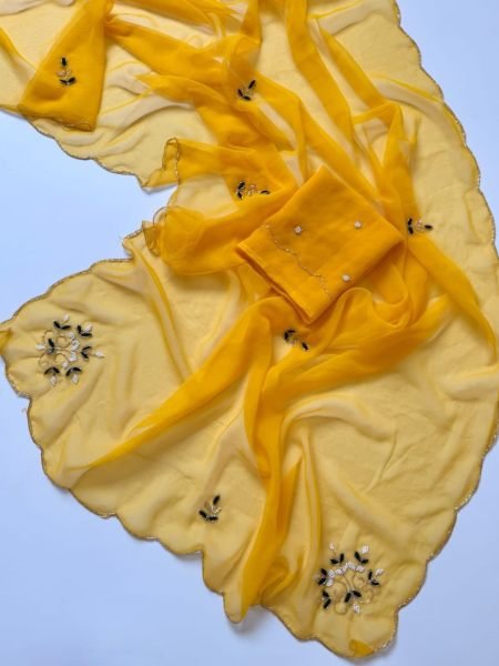 Bold Yellow Pure Siffon Handwork Saree with Khatli and Cutwork For Wedding Sarees 