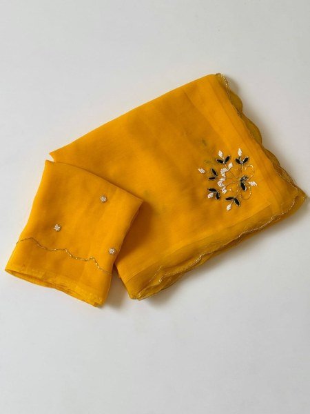 Bold Yellow Pure Siffon Handwork Saree with Khatli and Cutwork For Wedding Pure Chiffon Sarees Wholesale