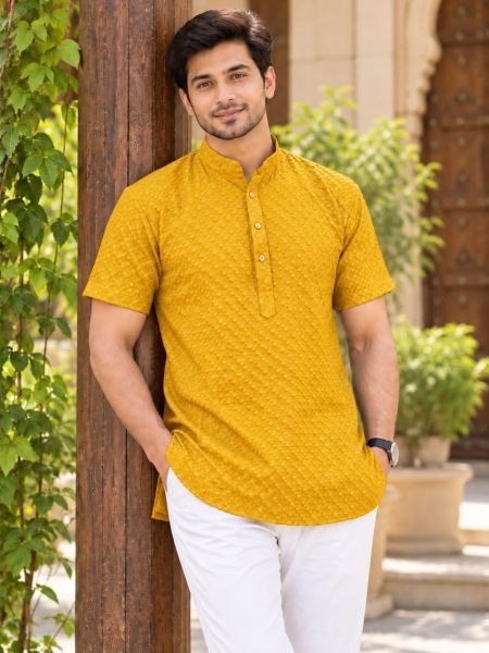 Bold Yellow Rayon Chikan Embroidered Short Kurta at Manufacturer  Mens Wear