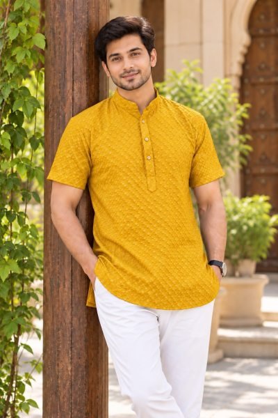 Bold Yellow Rayon Chikan Embroidered Short Kurta at Manufacturer  Kurta Pajama Wholesale