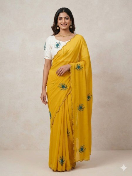 Bold Yellow Soft Georgette Saree with Handwork Motifs for Women Sarees 