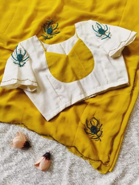 Bold Yellow Soft Georgette Saree with Handwork Motifs for Women Georgette Sarees Wholesale