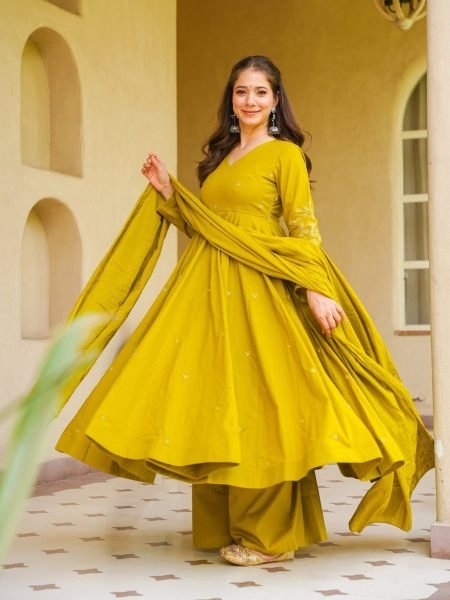 Bold Yellow Viscose Chanderi Embroidered Top Bottom Dupatta Set for Festival 
