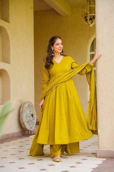 Bold Yellow Viscose Chanderi Embroidered Top Bottom Dupatta Set for Festival Anarkali Kurtis 