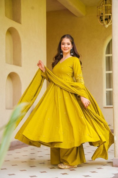 Bold Yellow Viscose Chanderi Embroidered Top Bottom Dupatta Set for Festival Anarkali Kurtis 