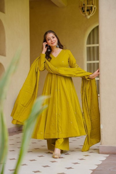 Bold Yellow Viscose Chanderi Embroidered Top Bottom Dupatta Set for Festival Anarkali Kurtis 