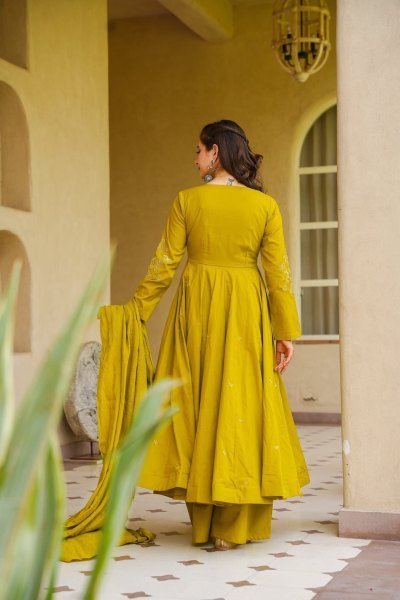 Bold Yellow Viscose Chanderi Embroidered Top Bottom Dupatta Set for Festival Anarkali Kurtis 