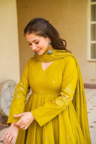 Bold Yellow Viscose Chanderi Embroidered Top Bottom Dupatta Set for Festival Anarkali Kurtis 