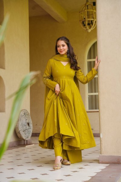 Bold Yellow Viscose Chanderi Embroidered Top Bottom Dupatta Set for Festival Anarkali Kurtis 