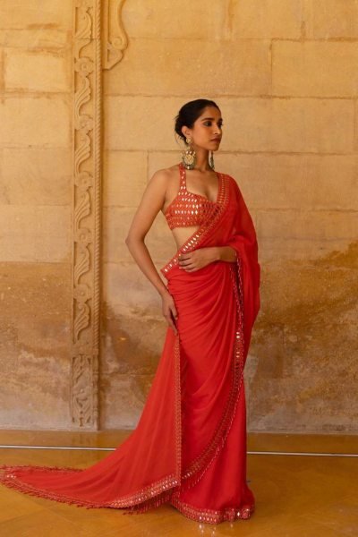 Bollywood Alia Bhatt Inspired Red Georgette Saree Designer Party Wear Bollywood Fancy Sarees Wholesale