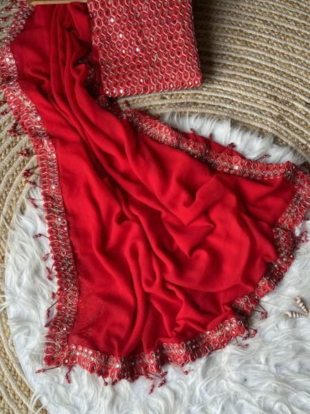 Bollywood Alia Bhatt Inspired Red Georgette Saree Designer Party Wear Bollywood Fancy Sarees Wholesale