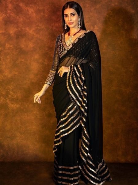 Bollywood Black Faux Georgette Crush Pleated Saree with Sequin Work at Manufacturer  Sarees 