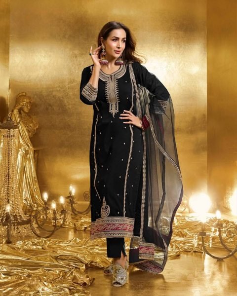 Bollywood Black Faux Georgette Coding Sequence Top   Pant Suit with Soft Net Dupatta Perfect for Party Wear Georgette Kurti 
