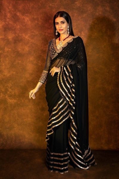Bollywood Black Faux Georgette Crush Pleated Saree with Sequin Work at Manufacturer  Bollywood Fancy Sarees Wholesale