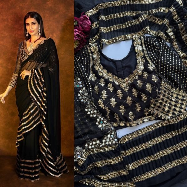 Bollywood Black Faux Georgette Crush Pleated Saree with Sequin Work at Manufacturer  Bollywood Fancy Sarees Wholesale