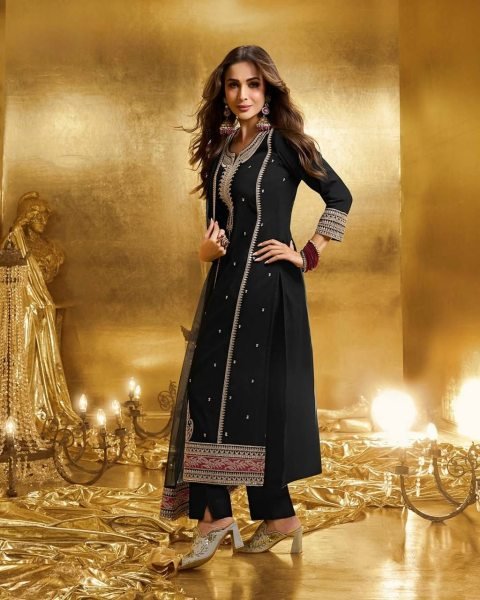 Bollywood Black Faux Georgette Coding Sequence Top   Pant Suit with Soft Net Dupatta Perfect for Party Wear Georgette Kurti 