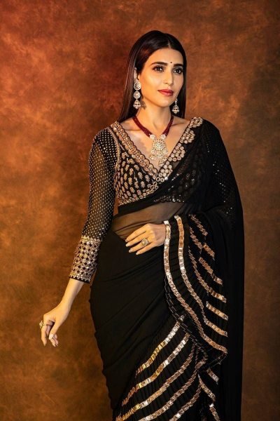 Bollywood Black Faux Georgette Crush Pleated Saree with Sequin Work at Manufacturer  Bollywood Fancy Sarees Wholesale