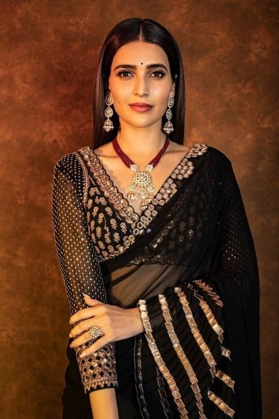 Bollywood Black Faux Georgette Crush Pleated Saree with Sequin Work at Manufacturer  Bollywood Fancy Sarees Wholesale