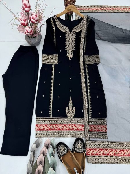Bollywood Black Faux Georgette Coding Sequence Top   Pant Suit with Soft Net Dupatta Perfect for Party Wear Georgette Kurti 