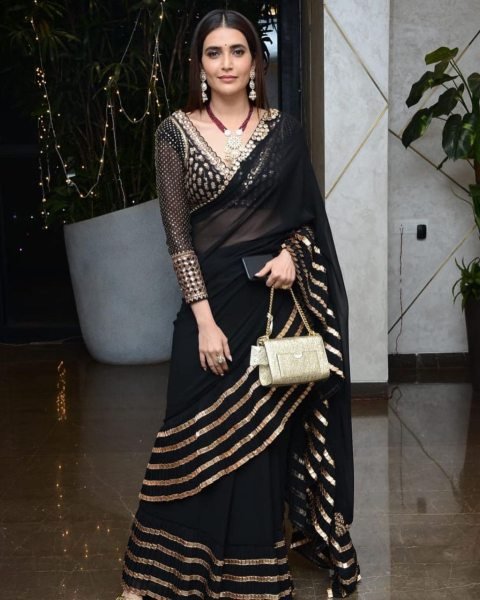 Bollywood Black Faux Georgette Crush Pleated Saree with Sequin Work at Manufacturer  Bollywood Fancy Sarees Wholesale
