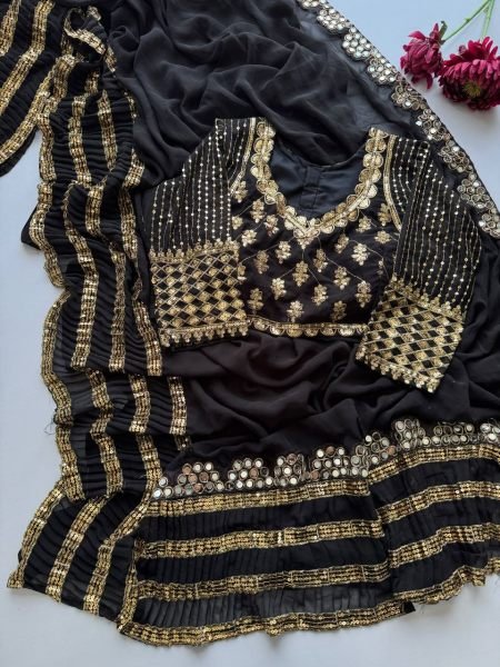 Bollywood Black Faux Georgette Crush Pleated Saree with Sequin Work at Manufacturer  Bollywood Fancy Sarees Wholesale