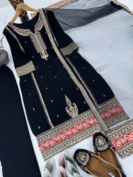 Bollywood Black Faux Georgette Coding Sequence Top   Pant Suit with Soft Net Dupatta Perfect for Party Wear Georgette Kurti 