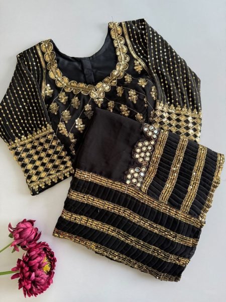 Bollywood Black Faux Georgette Crush Pleated Saree with Sequin Work at Manufacturer  Bollywood Fancy Sarees Wholesale