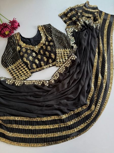 Bollywood Black Faux Georgette Crush Pleated Saree with Sequin Work at Manufacturer  Bollywood Fancy Sarees Wholesale