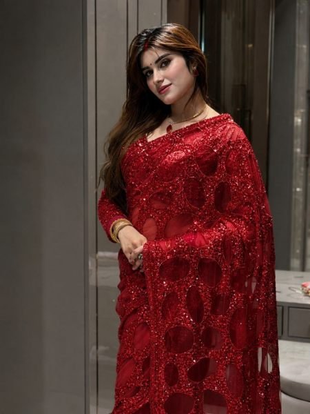 Bollywood Red Heavy Embroidered Butterfly Net Saree with Designer Blouse For Events 