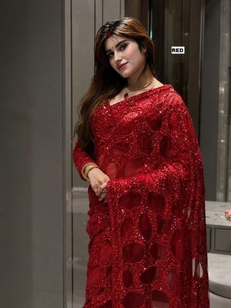 Bollywood Red Heavy Embroidered Butterfly Net Saree with Designer Blouse For Events Bollywood Fancy Sarees Wholesale
