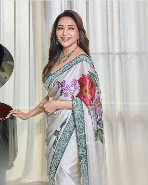 Bollywood Satin Madhuri Dixit Inspired Satin Silk Saree Cocktail Party Wear New Summer Collection Silk Sarees Wholesale