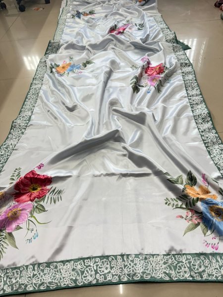 Bollywood Satin Madhuri Dixit Inspired Satin Silk Saree Cocktail Party Wear New Summer Collection Silk Sarees Wholesale