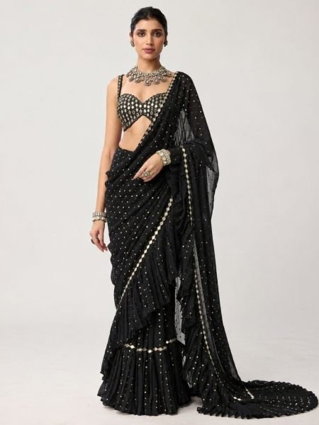 Bollywood Style Black Faux Georgette Sequin Crush Saree with Mirror Blouse Sarees 