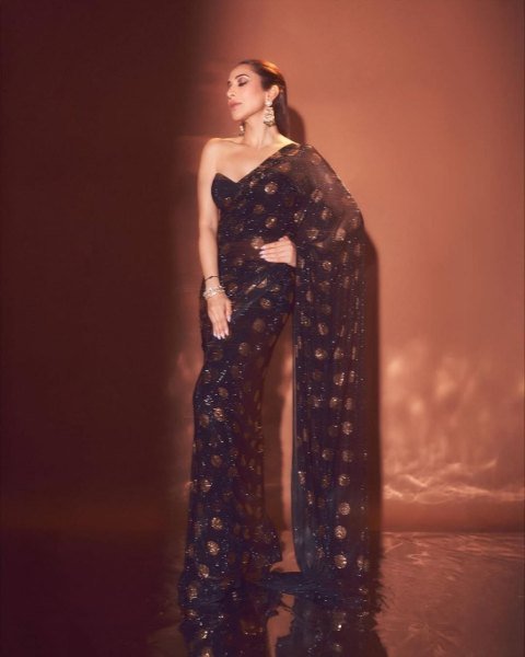Bollywood Style Black Faux Georgette Sequins Saree with Heavy Embroidery for Party Wear Bollywood Fancy Sarees Wholesale